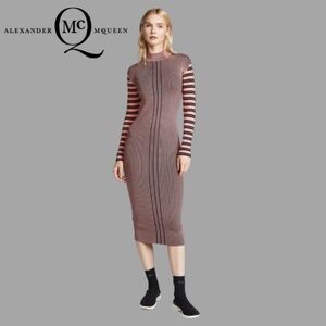 Alexander McQueen McQ STRIPED RIBBED-KNIT TURTLENECK DRESS IN FUCHSIA